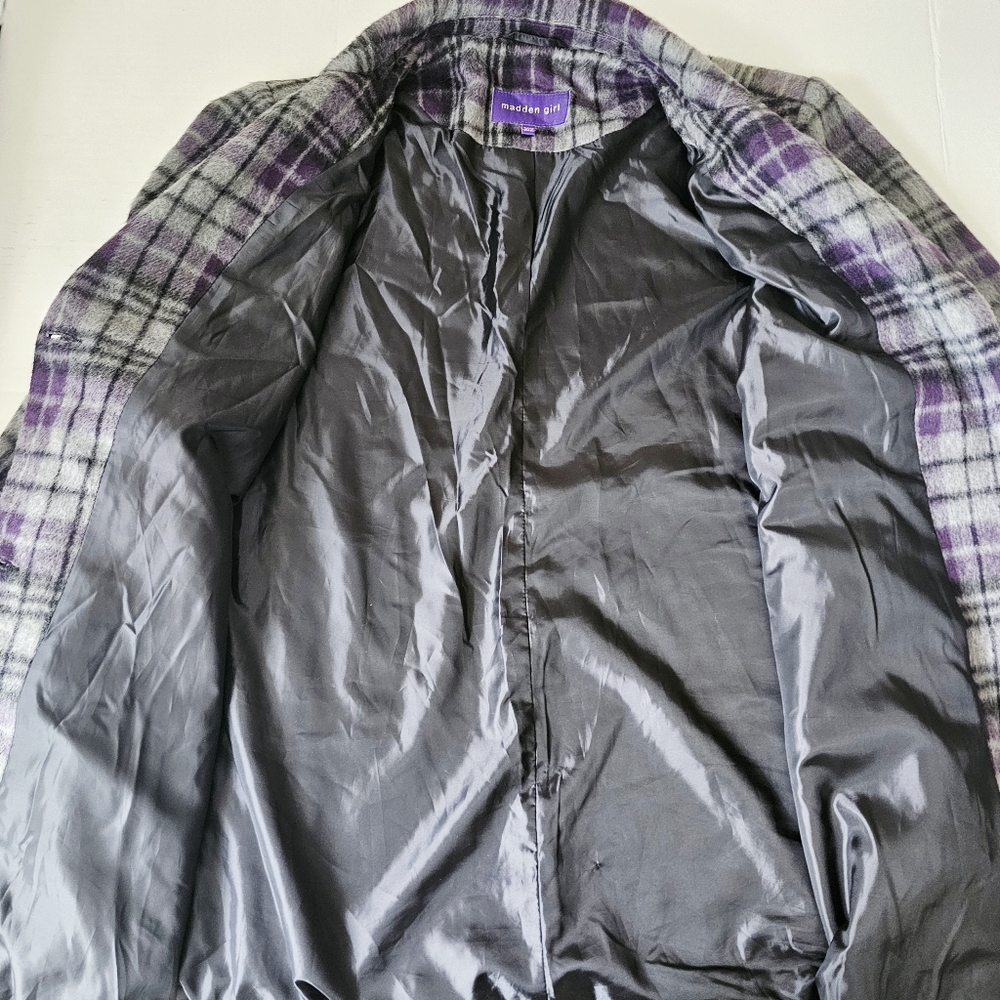 Madden Girl Plaid Coat Size 3X Gray Purple Mid Length Single Breasted Lined Soft - Picture 7 of 11